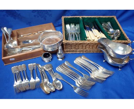 A COLLECTION OF SILVER-PLATED FLATWARE bone-handled knives, and other plated ware contained in a vintage wicker cutlery tray,