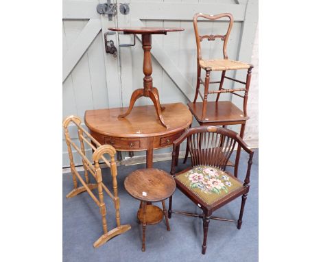 AN EDWARDIAN MAHOGANY CORNER CHAIR, WITH WOOL WORK SEAT a 'd' shaped table, fitted two small drawers, a Victorian bedroom cha