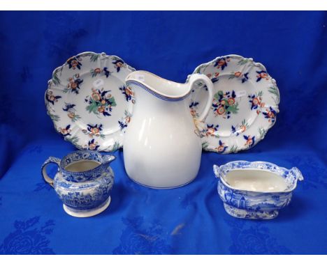 A ROYAL WORCESTER JUG with an early blue and white transfer decorated jug and sucrier, and two Harvest pattern ironstone plat