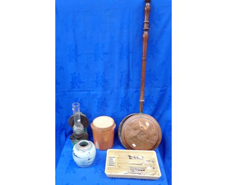 A WALL HANGING OIL LAMP, A CHINESE GINGER JAR (damaged), a collection of silver plated flatware, a copper warming pan and a p