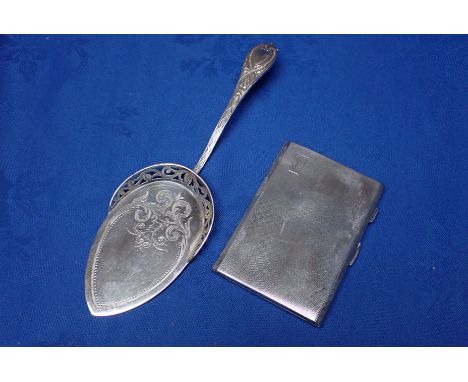 AN ART DECO SILVER CIGARETTE CASE engine turned, with engraved cartouche (dent to back), and a Victorian silver-plated muffin
