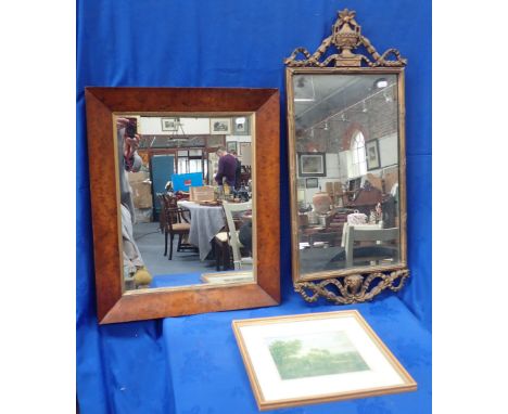 A WALL MIRROR WITH BROAD BIRD'S EYE MAPLE FRAME 54 x 67 cm, with a Regency style gilt framed mirror 39 x 90cm and a framed pr