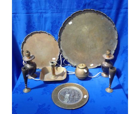 TWO CHINESE BRASS TRAYS an Empire Exhibition 1924 souvenir caddy, and other metal ware
