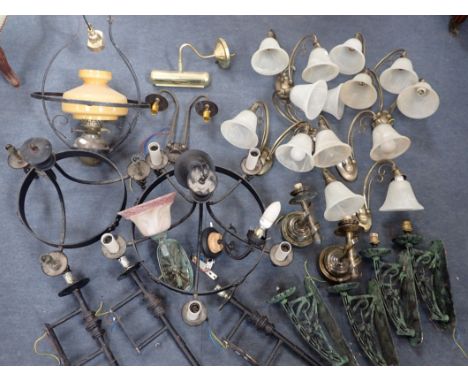 A COLLECTION OF LIGHT FITTINGS including four Art nouveau style brackets, and rustic chandeliers (all for rewiring)