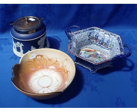 A POOLE POTTERY 'AEGEAN' DISH shape 486, a Jasperware style biscuit barrel, and a William Adams Chinese pattern dish (3)