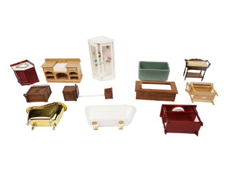 A collection of modern doll’s house bathroom furniture, to include: showers, baths, wash stands, sinks, mirrors, lavatories, 