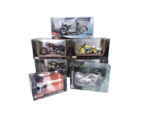 A collection of Maisto 1:10 scale diecast model motorcycles, including: Moto Guzzi; Honda; and Indian Chief; together with a 