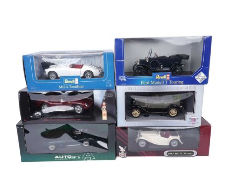 A collection of 1:18th scale diecast motor cars, comprising: Revell Ford Model T; Revell MGA Roadster; Road Signature MG TC; 