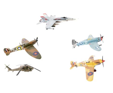 A selection of British and American model planes, including: a Curtis Tomahawk, 53cms long; a Spitfire; and others; together 