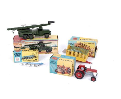 Dinky Toys Honest John Missile Launcher, 665; and Corgi Toys Massey-Ferguson 165 tractor, 66; four furrow plough, 61; and bea