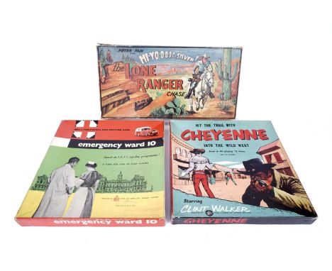 The Lone Ranger chase game by Peter Pan; Cheyenne Wild West game; and Emergency Ward 10 TV hospital game, in original boxes. 