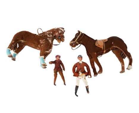 Two mid-20th Century horse and rider toys by Edith Reynolds, Beauchamp Place, London, one rider dressed in suede red jacket, 