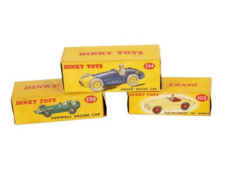 Three diecast Dinky vehicles, to include: 103 Austin Healy ‘100’ Sports, red; 239 Vauxhall racing car, green; 234 Ferrari rac