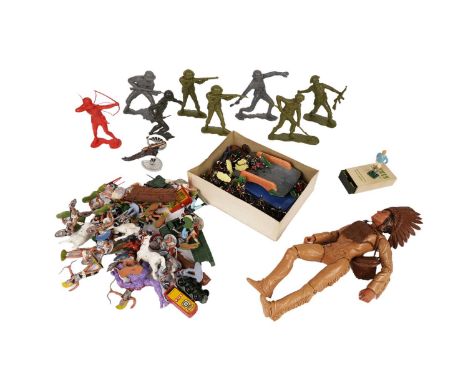 A selection of Marx plastic 135mm figures of military and native American interest; various other plastic figurines; four die