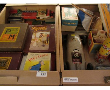 West German clockwork Mercedes tin-plate car, model yacht, kaleidescope, Jack in a box, vintage games etc in two boxes