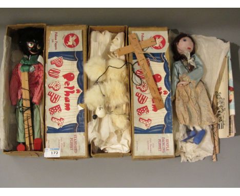 Pelham puppets - Golliwog, Poodle, both boxed, a further puppet