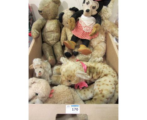 Vintage toys Deans rag book, Minimouse, three teddy bears, musical cat automatom, Snobby poodle and a cheetah in one box