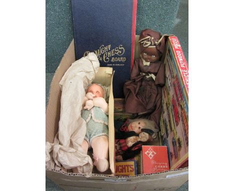 Vintage toys, dolls, dominoes, old games in one box