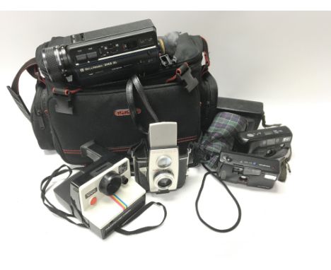 Two boxes of photography and filmography equipment to include cameras such as a Polaroid Land Camera 1000.