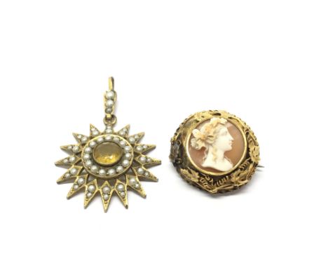 A gold tone circular brooch with cameo centre, alongside a pearl set pendant.