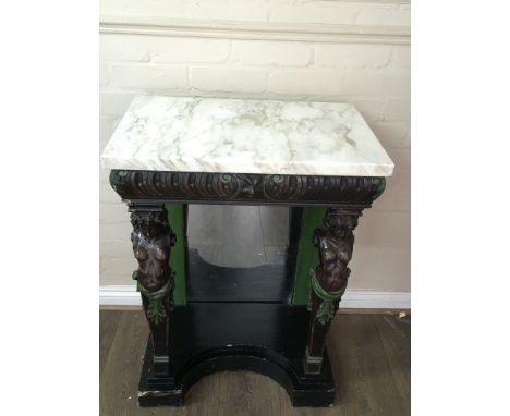 A marble topped console table with caryatid supports and mirror back.Approx 38x61x85cm high, overpainted