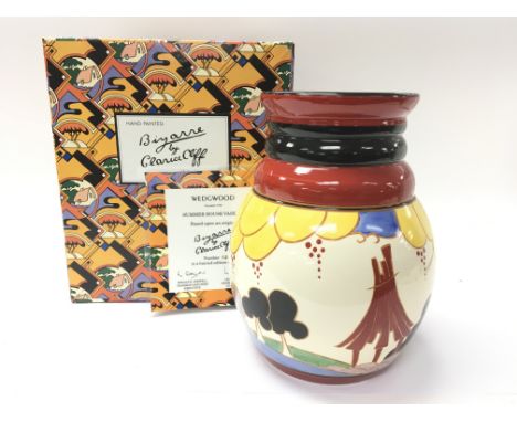 Three boxed Wedgwood items with Clarice Cliff designs to comprise two vases and a bowl (14/250).