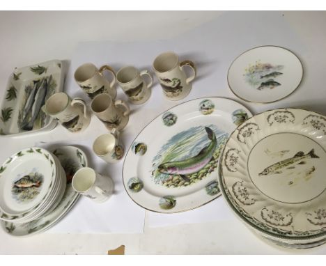 A box of china plates and Jugs , Fish related designs , including Sadler, Royal Worcester and Portmeirion etc