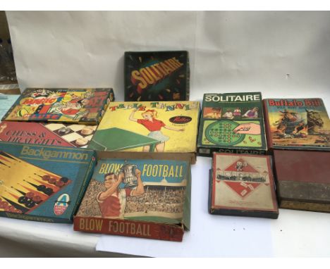 A collection of vintage board games including Backgammon, Blow Football, Chess etc