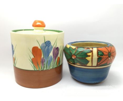 A Bizarre by Clarice Cliff lidded preserve pot and a Fantasque by Clarice Cliff preserve pot.