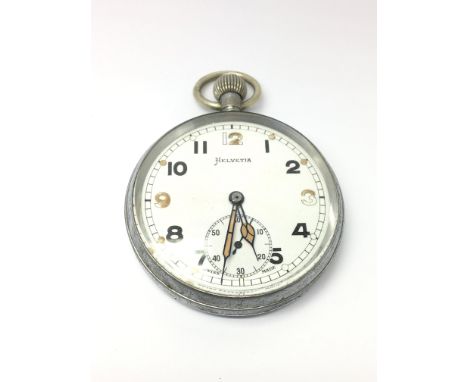 A Helvetia military button wind watch with Arabic numerals and subsidiary dial, the back marked GS/TP P24781.
