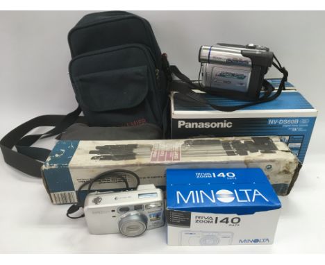A boxed Minolta camera, Panasonic NVDS 60B digital video camera and a boxed tripod plus carry cases.