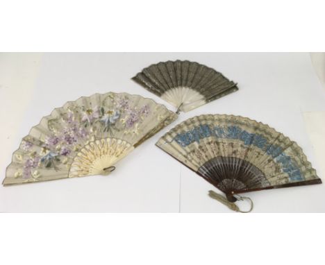 Three vintage fans comprising two hand painted examples, the other with mother of pearl sticks and sequins