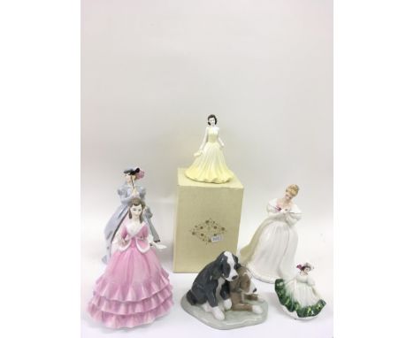 Five Doulton and Coalport ladies plus a Nao dog model