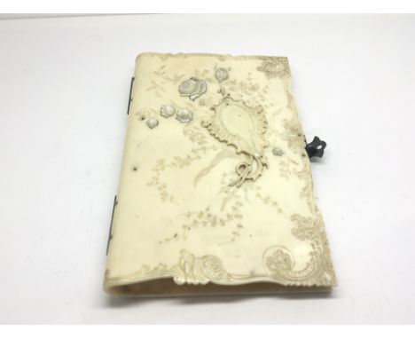 A Quality Victorian ivory paper or large card case with carved scroll decoration and applied mother of pearl size 12x8cm