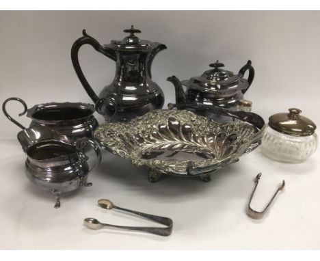 A four piece silver plated tea and coffee service, silver topped jar, silver plated basket etc.