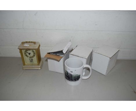 MIXED LOT MODERN MANTEL CLOCK, BOXED MUGS ETC