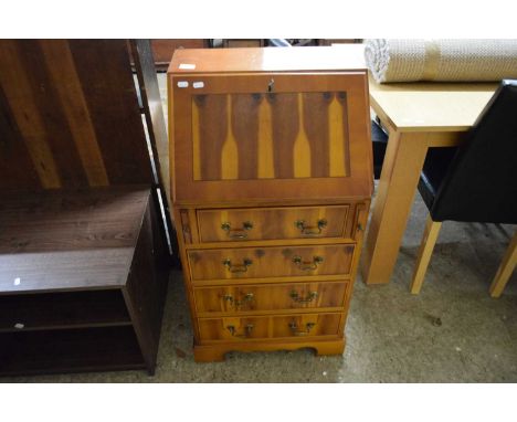 SMALL REPRODUCTION YEW WOOD VENEERED BUREAU WITH FOUR DRAWERS RAISED ON BRACKET FEET, 51CM WIDE