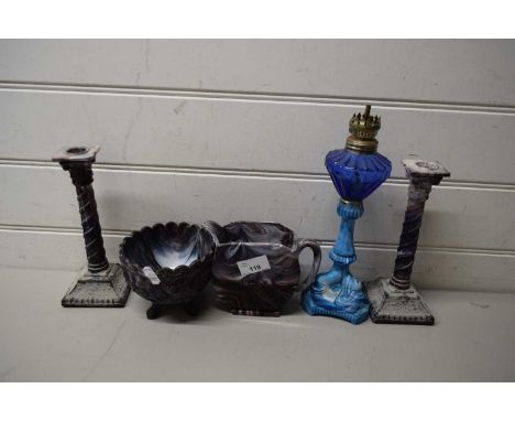 MIXED LOT VARIOUS SLAG GLASS WARES COMPRISING A SMALL OIL LAMP WITH DOLPHIN BASE, PAIR OF CANDLESTICKS, JUG AND SUGAR BASIN