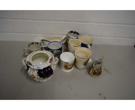 VARIOUS CERAMICS TO INCLUDE 19TH CENTURY MUGS, SUGAR BASIN AND OTHER ITEMS