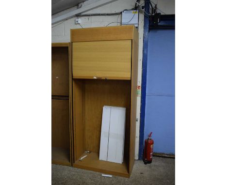 MODERN LIGHT WOOD OFFICE SHELF UNIT WITH ROLL FRONT, 230CM HIGH