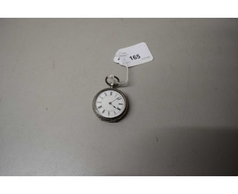 Ladies last quarter of 19th century silver cased fob watch, blued steel hands to a white enamel dial with black Roman numeral