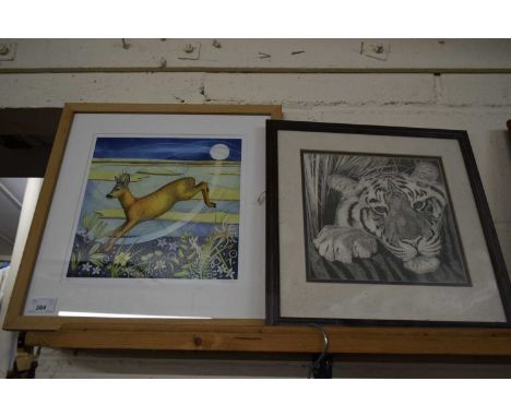 COLOURED PRINT 'LEAPING DEER' AND A FURTHER STUDY OF A TIGER, BOTH F/G