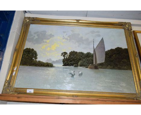 AFTER GERALD COULSON, COLOURED PRINT, BROADLAND SCENE, GILT FRAMED, 84CM WIDE