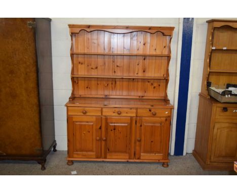 MODERN PINE KITCHEN DRESSER WITH SHELVED BACK AND BASE WITH THREE DRAWERS AND THREE DOORS, 130CM WIDE