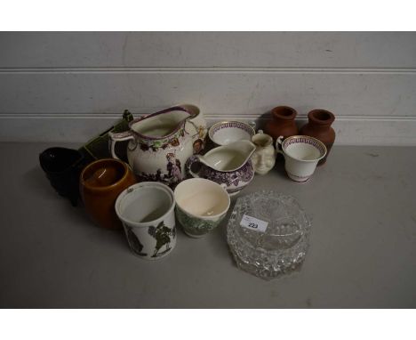 MIXED LOT VARIOUS 19TH CENTURY AND LATER WARES TO INCLUDE TEA CUPS, LUSTRE DECORATED JUG, VARIOUS VASES, MONEY BOX ETC