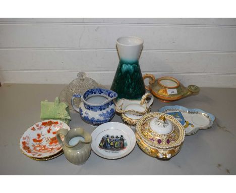 MIXED LOT OF CERAMICS AND GLASS TO INCLUDE BURLEIGH WARE OIL LAMP, 19TH CENTURY COVERED SUCRIER, PRESSED GLASS CHEESE DISH, A