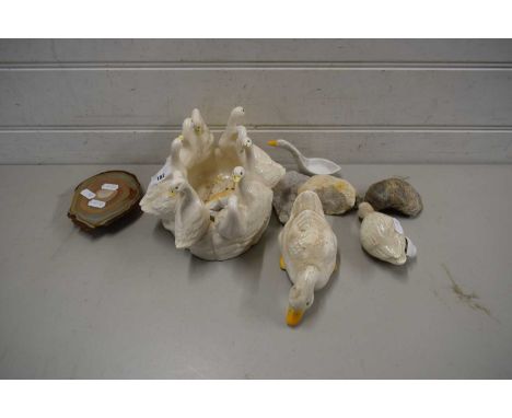 MIXED LOT VARIOUS POTTERY DUCKS, DUCK SHAPED PLANTER, MINERAL SAMPLES ETC