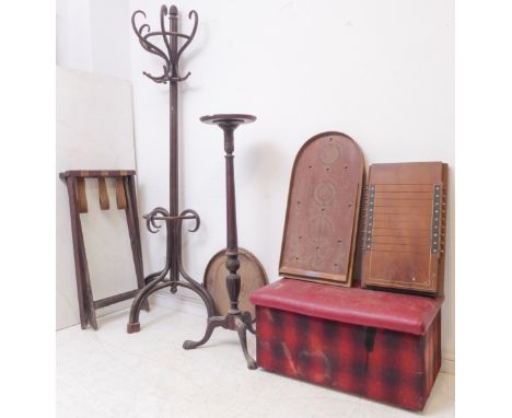 A mixed lot of seven:an early 20th century bentwood hat-and-coat stand;a carved torchère stand on tripod base;a shove ha'penn