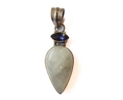 A silver pendant mounted with an opal style inverted pear-shaped polished stone above an elliptical amethyst