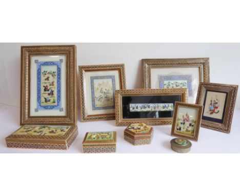 Six easel framed Indian gouache paintings and four corresponding covered trinket boxes, mostly decorated with polo scenes